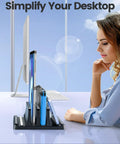Side view of Vertical Laptop Stand For Desk With Dual Slots Space Saving 4 In 1 Design Adjustable Width Laptop Organizer