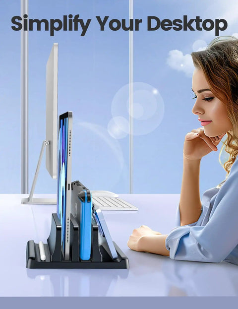 Side view of Vertical Laptop Stand For Desk With Dual Slots Space Saving 4 In 1 Design Adjustable Width Laptop Organizer