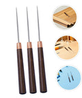 15 Piece Straight Cone Awl Set with Durable Wooden Handle for Leathercraft Sewing and Woodworking Hole Punch Projects, three precision awls shown.
