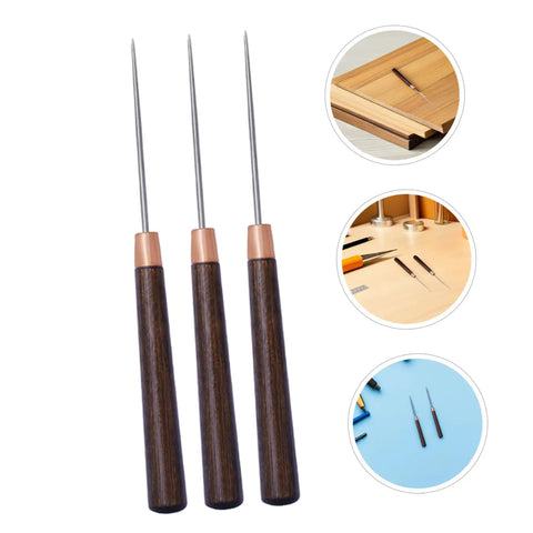 15 Piece Straight Cone Awl Set with Durable Wooden Handle for Leathercraft Sewing and Woodworking Hole Punch Projects, three precision awls shown.