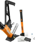 Pro Grade Pneumatic 18-Gauge L-Cleat Flooring Nailer With 1-3/4 Inch Cleats, mallet, base plates, and accessories displayed.
