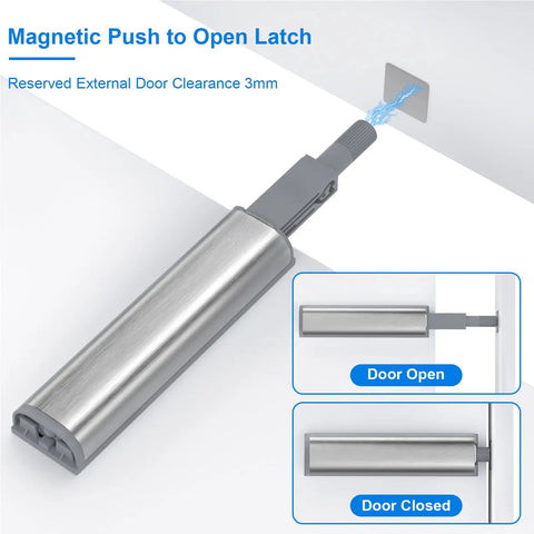 Slick Six Pack Push To Open Cabinet Latches With Integrated Magnetic Springs showing a close-up of the latch mechanism.