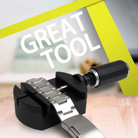 Watch Link Removal Kit With Hammer And Spring Bar Tool for Quick Band Sizing and Strap Adjustment, displayed with watch band