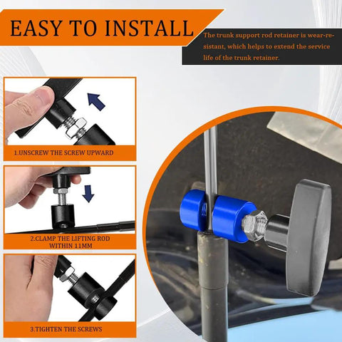 2-Pack Car Hood Prop Struts Clamp For Easy Hood Lift shown in dark blue with installation steps