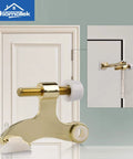 Solid Six Pack Brass Hinge Pin Door Stops With Soft Rubber Bumpers Prevent Wall Dings, close-up of installation on door.