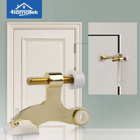 Solid Six Pack Brass Hinge Pin Door Stops With Soft Rubber Bumpers Prevent Wall Dings, close-up of installation on door.