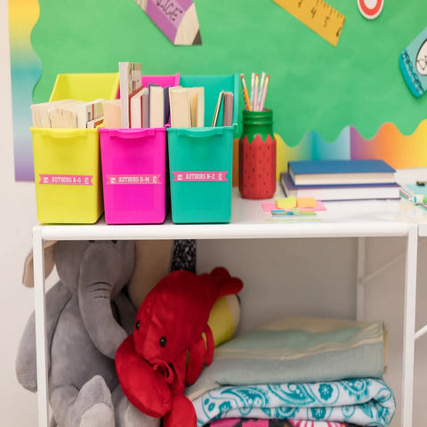 Compact White Label Maker Bundle With Four Tape Rolls For Hassle Free Home And Office Storage Featuring Dead Simple One Touch Keys Quick Print Templates And No Sweat Setup Design For Everyday Clutter Solutions Just Great with colorful bins and labeled books.