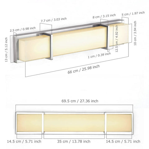 27 Inch LED Vanity Light Fixture Dimmable 28W Glass Modern Bathroom Lighting Over Mirror Wall Mount Silver Finish Warm White 3000K Sleek Energy Efficient Easy Install Contemporary Glass Shade