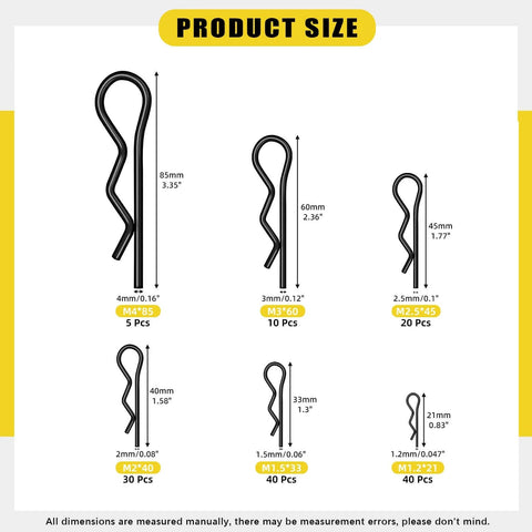 145 Piece Six Sizes Hitch Pin R Clip Assortment Kit Carbon Steel R Clips Cotter Pins Retaining Pins For Trailer Tractor Mower And Carts With Transparent Storage Case Includes M1.2x21 M1.5x33 M2x40 M2.5x45 M3x60 M4x85 product size detail