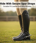 Ride Ready English Spur Straps 20 Inch PU Leather With Rugged Alloy Buckles on riding boots in outdoor setting