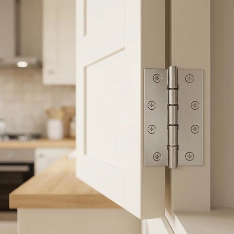 Cabinet door with 24 Pack 3.5 Inch Stainless Steel Folding Butt Hinges With Mounting Screws, Quiet Operation, Silver finish.