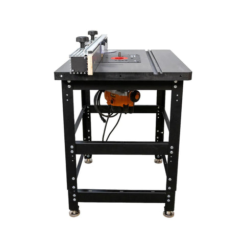 Heavy Duty Cast Iron Router Table Workhorse Package With Triton 3 25 Hp Dual Mode Router showing adjustable fence and sturdy stand.