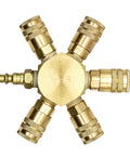 Top view of Three Eighth Inch Brass Flat Hex Pneumatic Manifold With Five Quarter Inch Brass Industrial Couplers Preassembled Ready To Use Heavy Duty Kit With Steel Plug.