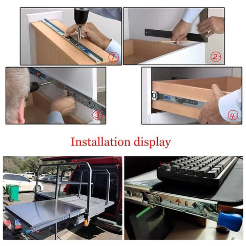 No Nonsense Heavy Duty Ball Bearing Drawer Slides With Solid Locking Feature installed on a cabinet for secure drawer operation.