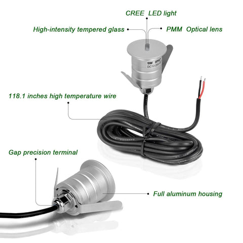 Recessed Outdoor LED Deck Step Lights 12-24V Low Voltage In-Ground Landscape Lighting 1W 3000K Warm White IP67 Waterproof design