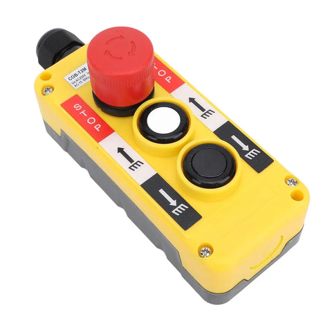 Industrial IP68 Waterproof Two Key Push Button Switch For Crane Hoist Remote Control With Emergency Stop Heavy Duty Pendant Control Station With Rugged Metal Shell And 2 Key Design For Quick Safe Operation, yellow housing