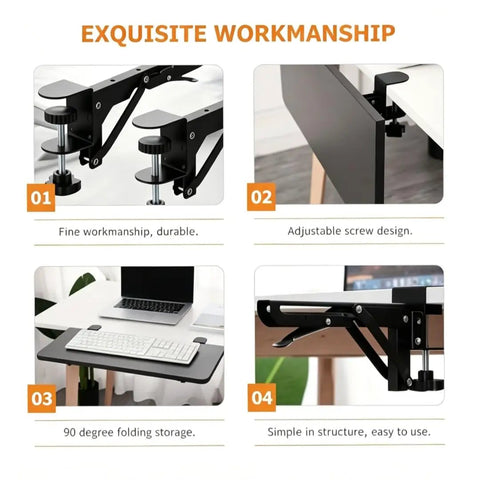 Heavy Duty Foldable Shelf Brackets For Desk Extension Clamps Punch Free Tabletop Mount Black Steel in detailed images showing adjustable features.