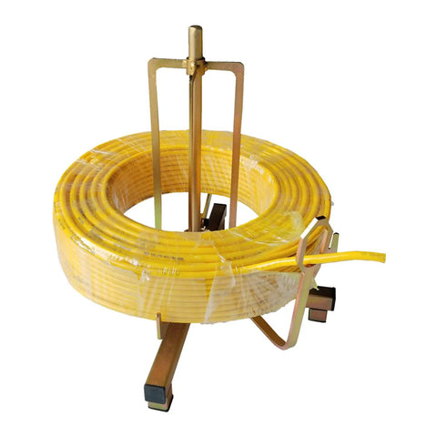 Folding Wire Spool Rack for Floor or Stud Mounting displaying yellow Romex wires, sturdy steel frame, cable organizer for shop and workshop