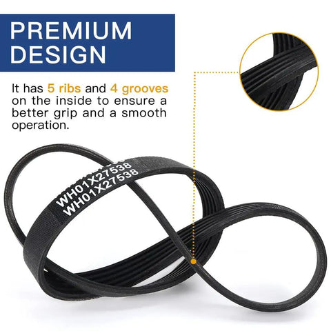 Heavy Duty 22 Inch Five Rib Washer Drive Belt For Ge And Hotpoint Top Load Machines Smooth Spin Upgrade For Wh01X27538 Part Number showing 5 ribs and 4 grooves for better grip.