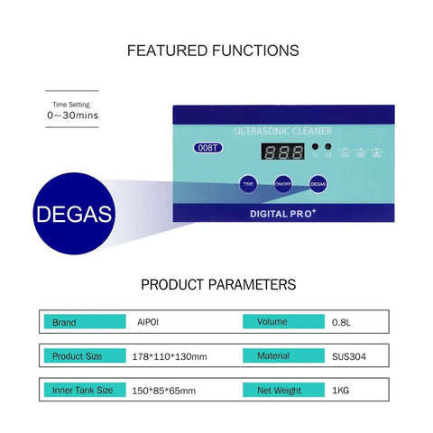 Heavy Duty Ultrasonic Cleaner With 800ml Stainless Tank And Adjustable Heat Settings control panel showing settings for effective cleaning.