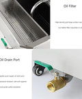 Oil filter and drain port of Heavy Duty 38L Commercial Deep Fryer Oil Filter Machine Stainless Steel Portable Filtration System.