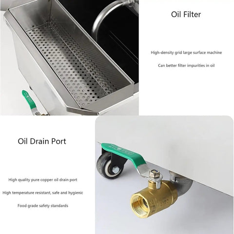 Oil filter and drain port of Heavy Duty 38L Commercial Deep Fryer Oil Filter Machine Stainless Steel Portable Filtration System.