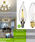 LED Candelabra Bulb Filament Style 2700K Warm White E12 Base Dimmable Bent Tip Chandeliers No Flicker, 25W Equivalent, 2W Actual, UL Listed RoHS Compliant, 6 Pack next to incandescent bulb comparison chart