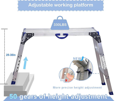 All In One Work Platform 39 By 12 Inch, 50 Gear Height Adjustable Aluminum Step Ladder 25 To 35 Inches, 330 lb capacity