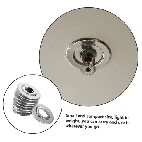 Close-up of a stainless steel fire sprinkler escutcheon plate mounted on a ceiling with decorative split trim ring.