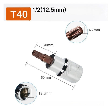 Heavy Duty 1/2 Inch Torx Bit Socket Set With Massive Grip Power For Tough Jobs And Rusty Bolts That Stick Tight, Perfect Sturdy Tools To Save Your Time And Effort On Any Drilling Or Impact Project You Handle Today., T40 1/2-inch 12.5mm chrome vanadium Torx socket bit