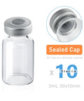 Front view of a 2 mL clear glass sample vial with a silver sealed cap; 10-pack