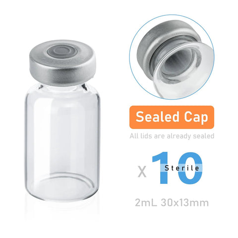 Front view of a 2 mL clear glass sample vial with a silver sealed cap; 10-pack
