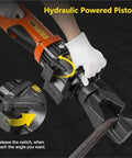 Manual view of Compact Electric Hydraulic Rebar Cutter And Steel Rod Bender with hydraulic piston mechanism for bending steel.