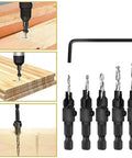 Five Piece Hex Shank Countersink Drill Bit Set With Titanium Coated High Speed Steel Twist Bits And Rugged Wrench displayed on wooden boards.