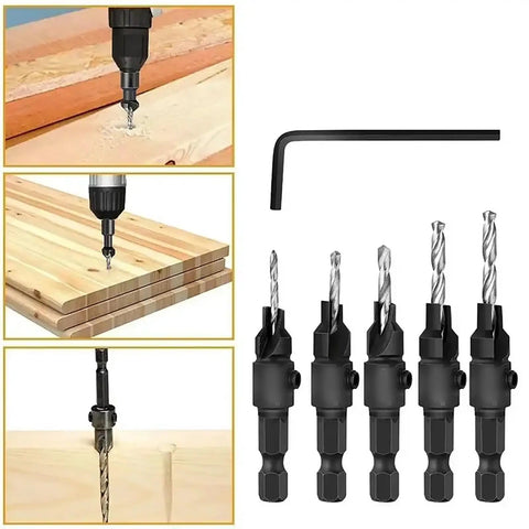 Five Piece Hex Shank Countersink Drill Bit Set With Titanium Coated High Speed Steel Twist Bits And Rugged Wrench displayed on wooden boards.