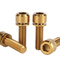 Top Shelf Titanium Bike Bolts M6 Hex Socket Screws Pack Of Four Gold Anodized screws with hex drive, used for cycling hardware.