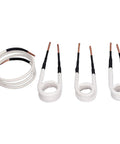 Heavy Duty 4 Pack Induction Heating Coil Kit Featuring Thick Brass Core Wire Built For No Sweat Nut Removal And Quick Carry Out Automotive Gear Bearing Heat Treatments. Four heating coils in white with brass ends.