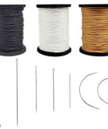 Topus upholstery repair thread kit with 3 nylon spools in black, white, tan and assorted leather needles (front view).