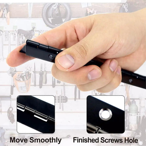 Heavy Duty Black Piano Hinges 14 Inch held in hand, showing smooth glide action and finished screws for easy installation.