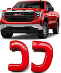 GMC Sierra 1500 Red Tow Hook Covers Set for 2019 2020 2021 2022 2023 2024 2025 shown with truck, OEM-style fit.