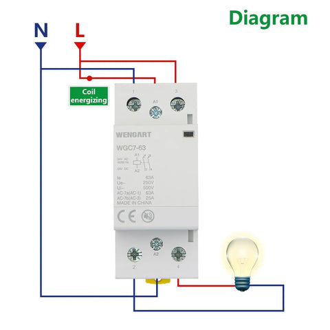 WGC7-63 diagram showing heavy duty 63A AC DC contactor with two pole two normally open contacts and 24V coil.