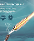 Close-up of digital soldering station tip demonstrating rapid heat up, specifically from 302°F to 716°F in 3 seconds.