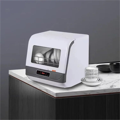 Pretty Slick Countertop Dishwasher With High Temp Wash And Quick Dry For Naturally Spotless Dishes Portable Compact Build on a marble countertop.