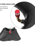 Close-up of 2 Pack 4.10/3.50-4 Tire Inner Tubes with Bent Valve Stem for Lawn Mowers featuring red valve cap.
