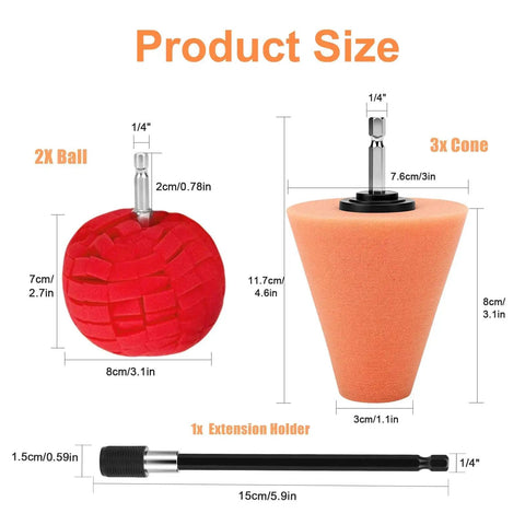 Product size dimensions of Six Piece Car Wheel Polishing Kit With Foam Cones And Balls One Quarter Inch Hex Extension Holder