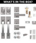Dope Front Door Handle Set For Double Doors With Dummy Lock Heavy Duty Lock Set Single Cylinder Deadbolt And Lever Handle Fits Right Or Left Handed Doors Satin Nickel Finish parts layout