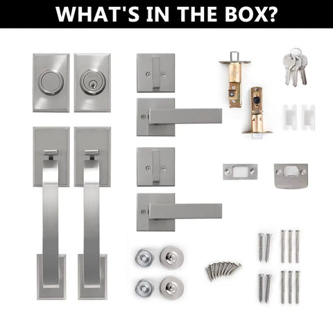 Dope Front Door Handle Set For Double Doors With Dummy Lock Heavy Duty Lock Set Single Cylinder Deadbolt And Lever Handle Fits Right Or Left Handed Doors Satin Nickel Finish parts layout