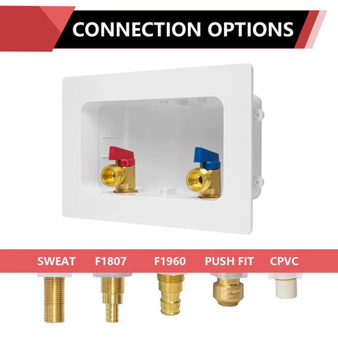 Washing Machine Outlet Box With Center Drain And Stainless Water Hammer Arrestor, 1/2 Inch Push-Fit Inlet To 3/4 Inch MHT Outlet