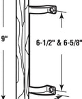Diagram of Sliding Glass Door Pull Handle With Wood Grip And Aluminum Posts Fits Mounting Hole Centers From Six And A Half To Six And Five Eighths Inches For Easy Grip And Smooth Push Pull Operation On Patio Doors Single Pack.