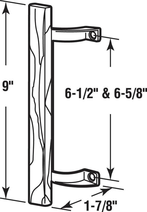 Diagram of Sliding Glass Door Pull Handle With Wood Grip And Aluminum Posts Fits Mounting Hole Centers From Six And A Half To Six And Five Eighths Inches For Easy Grip And Smooth Push Pull Operation On Patio Doors Single Pack.